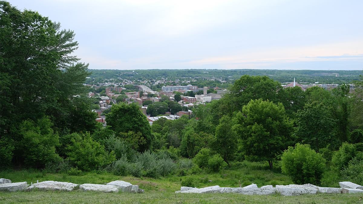 Aerial views of Troy; low stone border at bottom; trees on the left