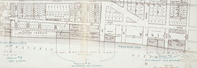 Santa Monica Plat: The ‘Colored Use’ beach is called out on this 1947 shoreline map; photo courtesy University of Southern California Library Special Collections.
