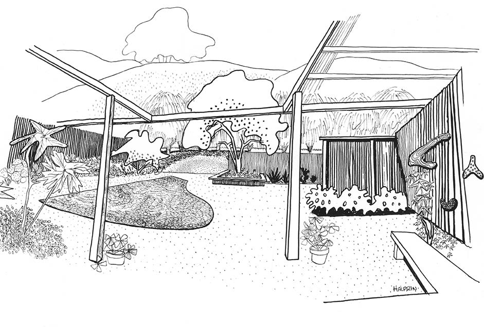 Sketch by Lawrence Halprin of his and Anna's first backyard in Marin County, CA (Courtesy the Architectural Archives of the University of Pennsylvania, by the gift of Lawrence Halprin)