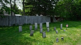 Grave markers situated in the lawn with a fence behind them; trees in the background