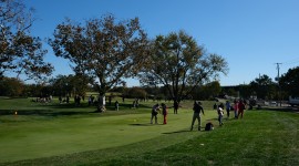People gathered around the green; trees in background