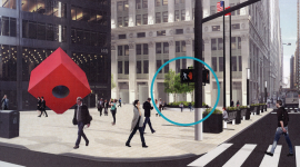 Rendering of the proposed redesign; the blue circle indicates the new circular planter that will change the compositional balance of the plaza.