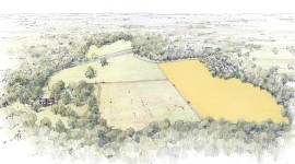 Artist's depiction of the preservation vision for the Princeton Battlefield, including the American Battlefield Trust's current effort to preserve 14.85 acres at the site of Washington’s Charge, seen in yellow (American Battlefield Trust)