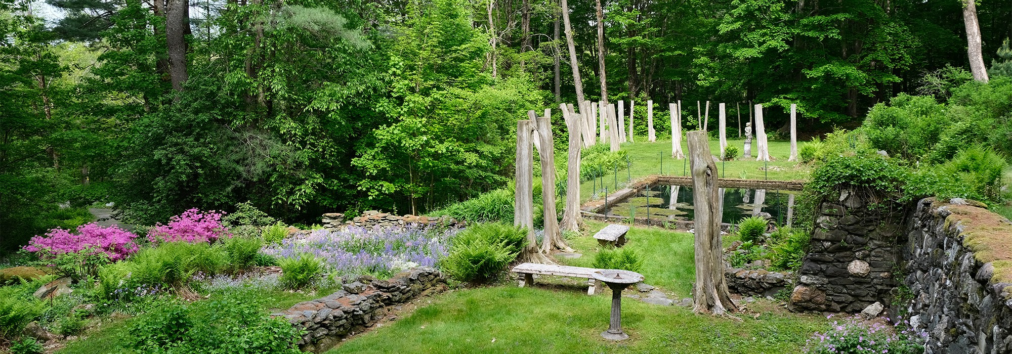 Pool bordered by stone wall on the right; trees and flowers surround