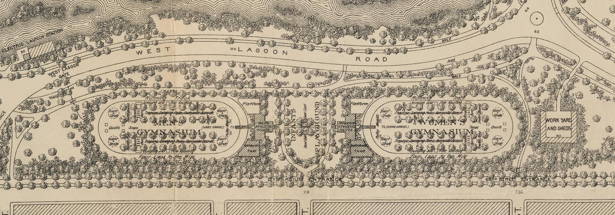 Detail of the Revised General Plan for Jackson Park, 1895, showing Gymnasia