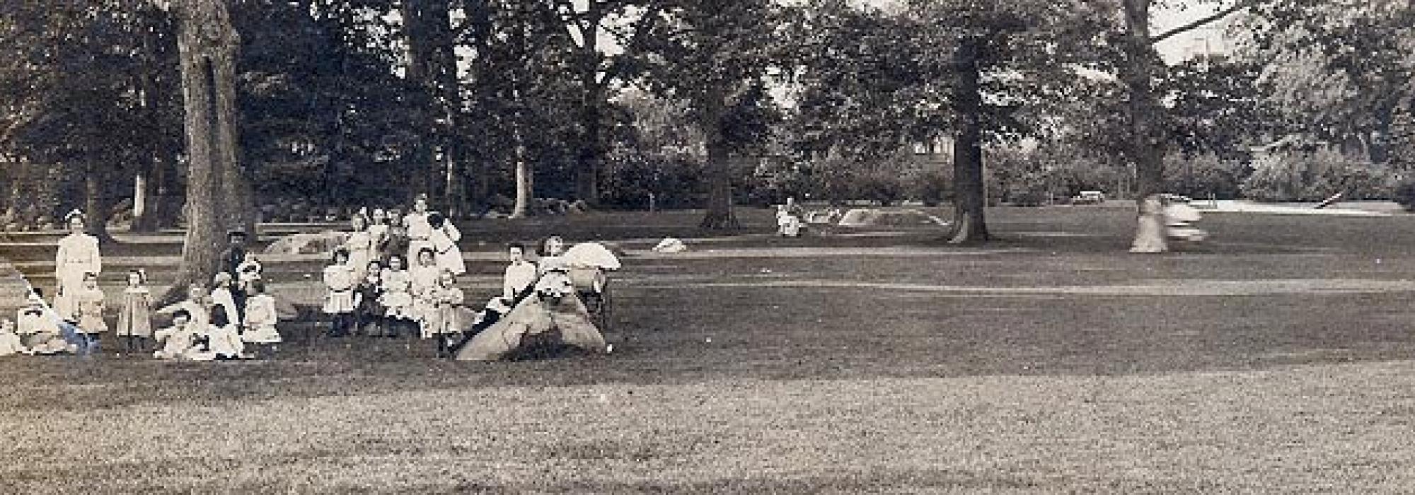 Harold A. Caparn, Grant Park, Yonkers, New York. Central lawn with boulders; perimeter planting of bushes and trees to isolate the part from adjacent streets.