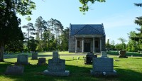Grave markers in foreground, structure in background