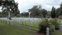 Fence surrounding rows of grave markers, trees in background