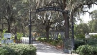 Iron gate marking entrance to cemetery