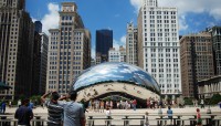 Cloud Gate (or "the Bean") with buildings behind
