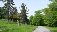 Path on the right, grave markers and trees on the left