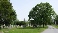 Curving path on the right, grave markers and trees on the left