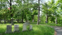 Grave markers in foreground, trees in background, small path to the right