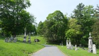 Curving path in center, sloping hill with grave markers, trees in background