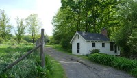 road down the center; fence and plants on the left; white cottage and trees on the right