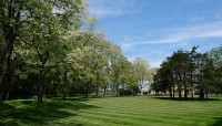 Expansive lawn with clusters of trees; house in distance