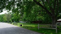 Road on the left, lawn and fencing on the side with trees