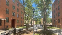Two brick buildings on either side of a paved courtyard with trees at its center