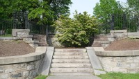 Stone staircase with two planters at the base and shrubs and trees at the top