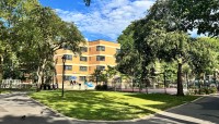 Lawn at center with trees on either side; buildings in background