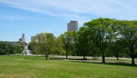 Lawn lined by trees' buildings in distance