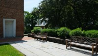 Row of hedges with flagstone walk and benches