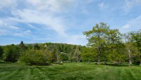 Broad lawn lined by trees; hill in background