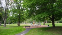 Playground surrounded by lawn and trees