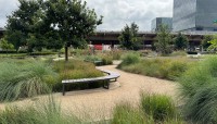 Curved bench along winding pathway, edged by shrubs; trees and buildings in background