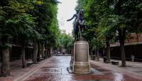 Statue of Paul Revere in Paul Revere Mall, southeast of Old North Church, Boston, MA