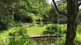 Pond in the foreground surrounded by trees and shrubs, wooden bench and gazebo in the background.