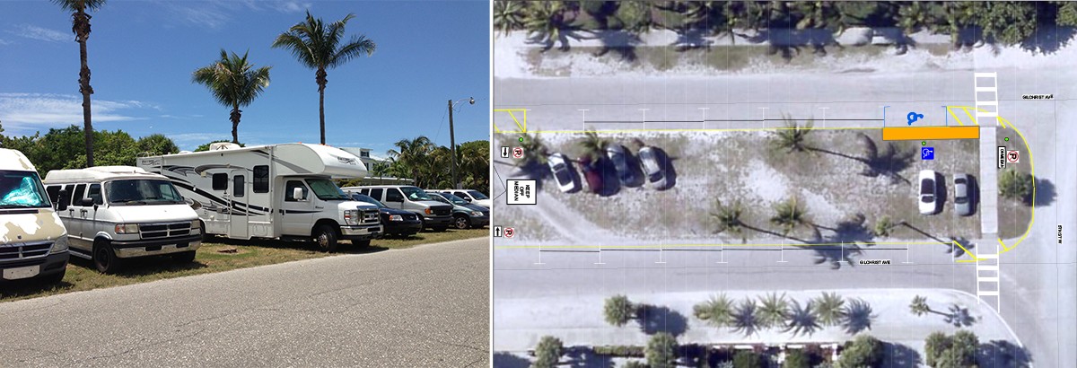 Street with RVs parked on the left; overhead view of parking lot on the right