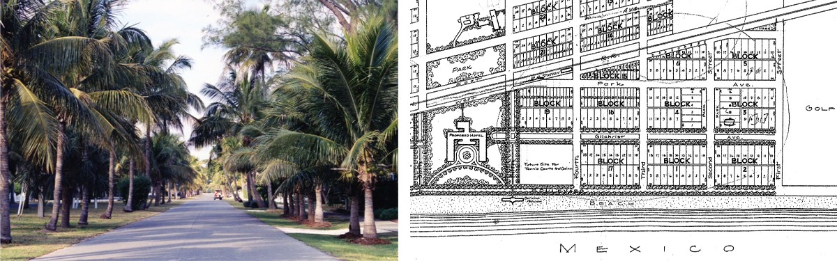 Road with palm trees on either side on the left; plat map on the right