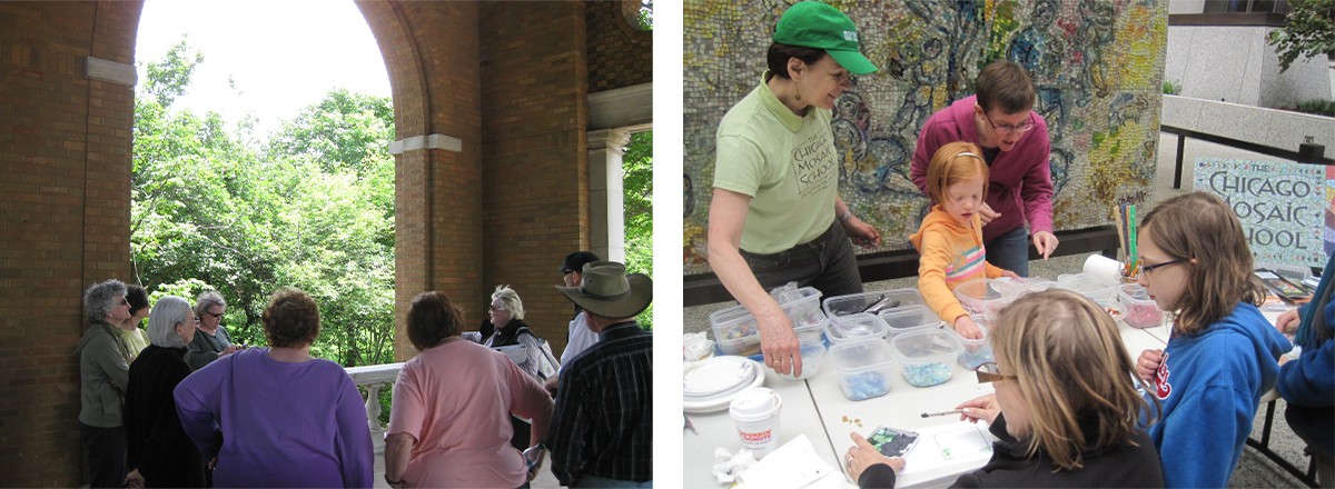 (left) Columbus Park; (right) Mosaic making with The Chicago Mosaic School.