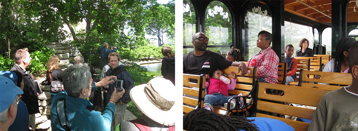 (left) Visitors on the Lake Point Tower tour; (right) Trolley riders on the South Parks tours