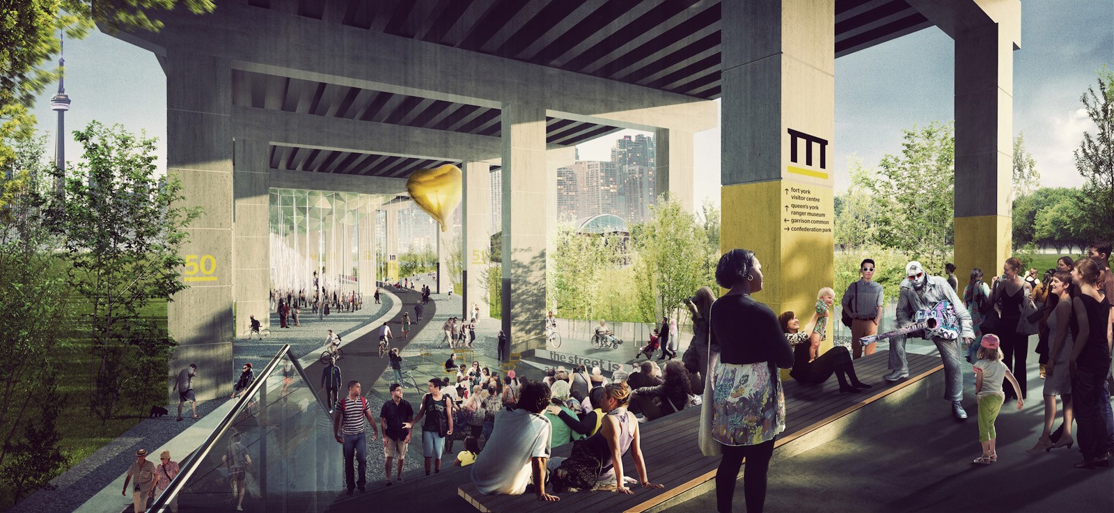 2015-12-02-render-summer.jpg Rendering of proposed park beneath the Gardiner Expressway in Toronto