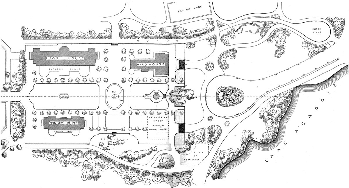 1900 plan showing the Bronx Zoo entrance concourse and Baird Court