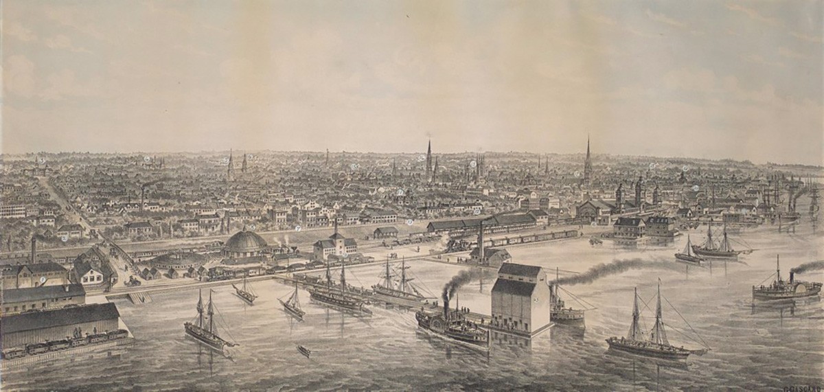 CityOfTorontoBirdsEyeViewFromTheNorthernRailwayElevator_GGascard_1876.jpg City of Toronto Bird's Eye View from the Northern Railway elevator, 1876.