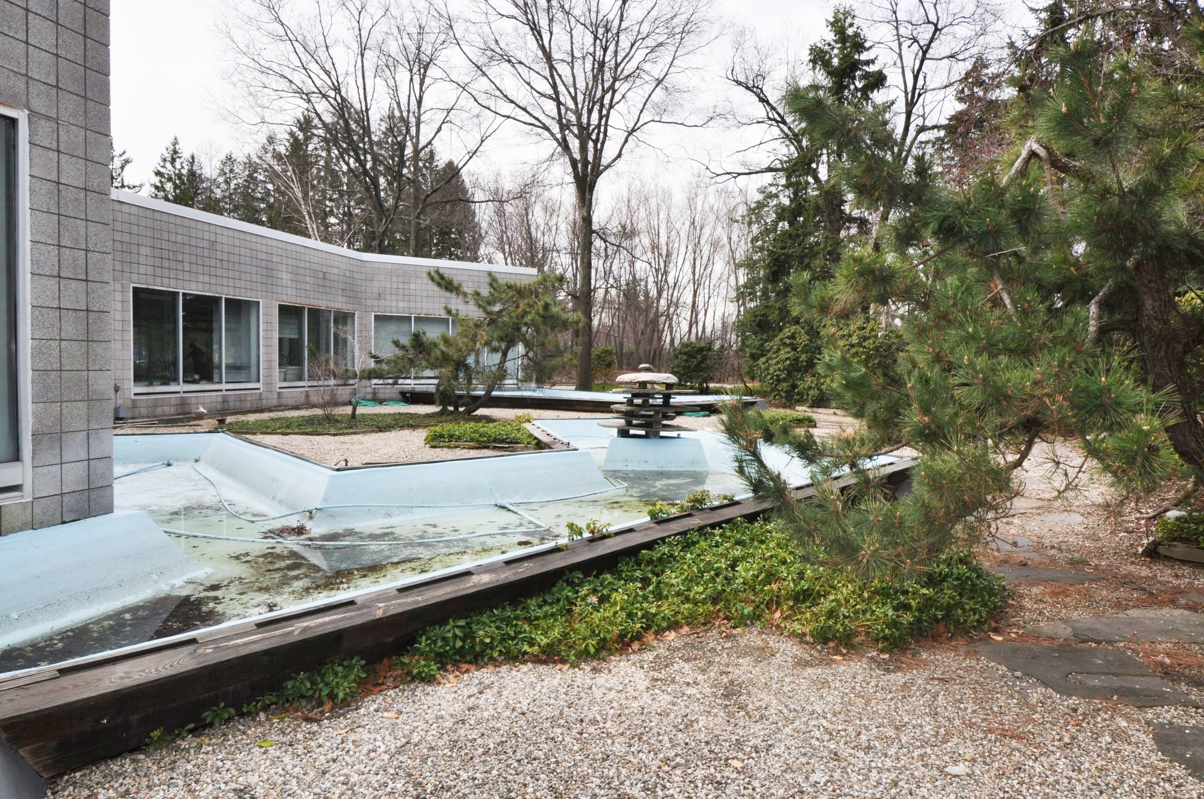 EarthCam_2.jpg Rebuilt pools, having failed again, along with overgrown plantings beside the path of the EarthCam building, 2014