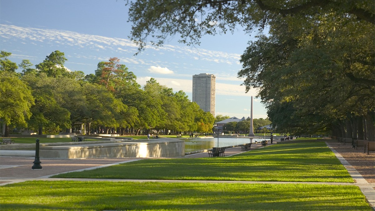 View along the Reflection Pool, Hermann Park, by OLIN and the SWA Group