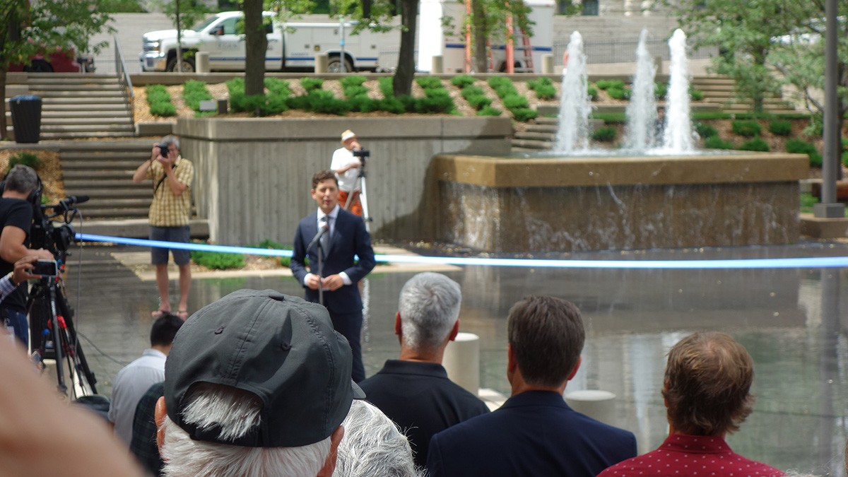 Mayor Jacob Frey speaks during the Grand Reopening of Peavey Plaza, Minneapolis, MN