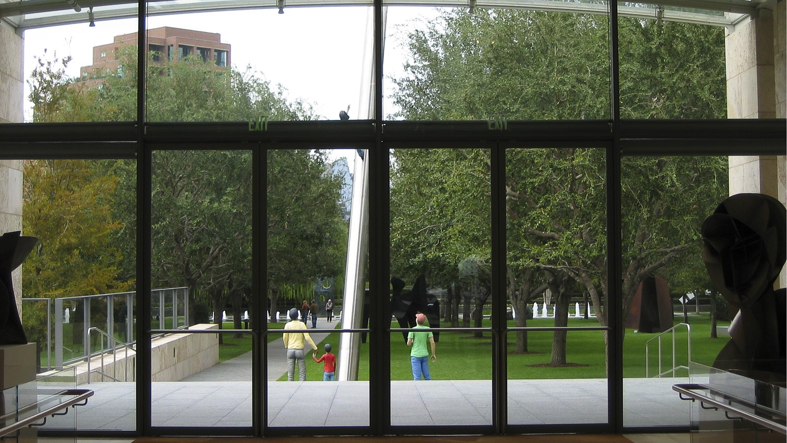 View of Nasher Sculpture Garden from inside the museum