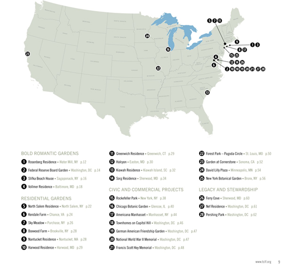 Map of Oehme, van Sweden projects in The New American Garden: The Landscape Architecture of Oehme, van Sweden