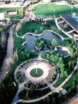 Central Park, Santa Clara CA. A tent-like pavilion and meandering lake define this park’s center. The bays of the lake accommodate different activities such as model boating and fly-casting.
