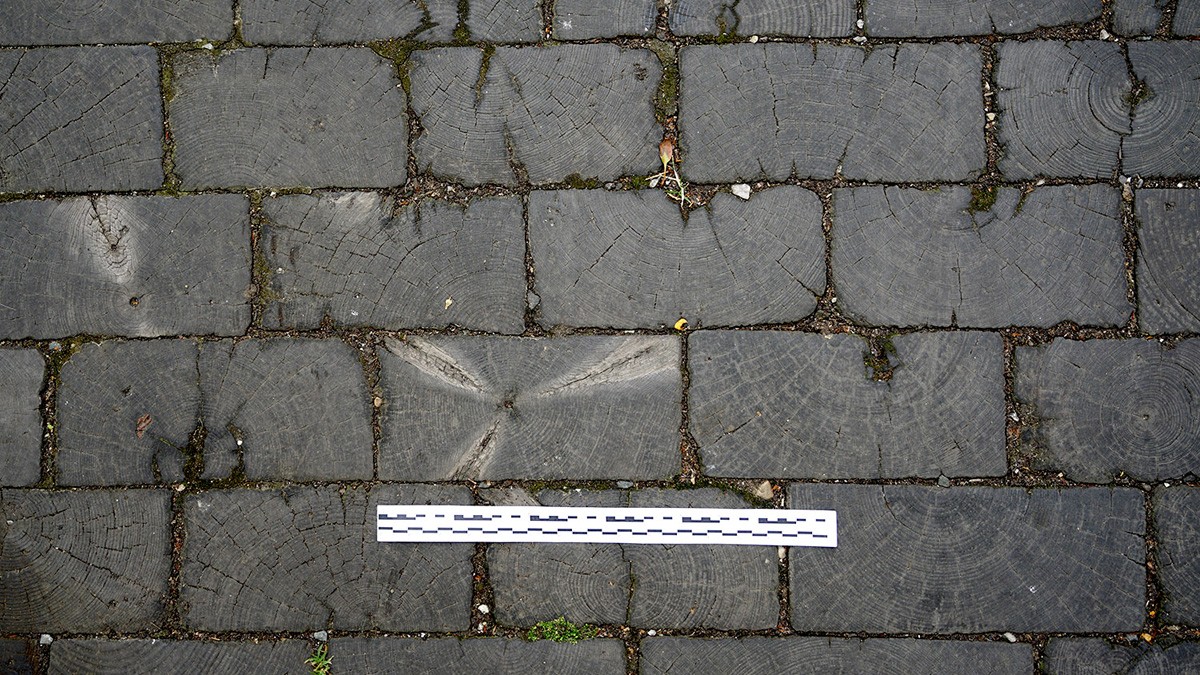 Detail of wood pavers in Wooden Alley, Chicago