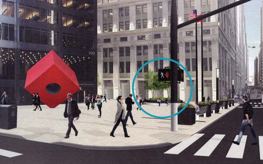 Rendering of the proposed redesign; the blue circle indicates the new circular planter that will change the compositional balance of the plaza.