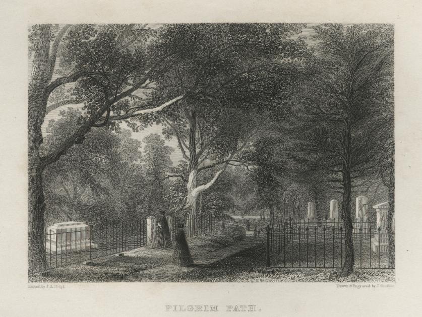 3_MtAuburnEngraving.jpg Visitors along Pilgrim Path at Mount Auburn Cemetery.