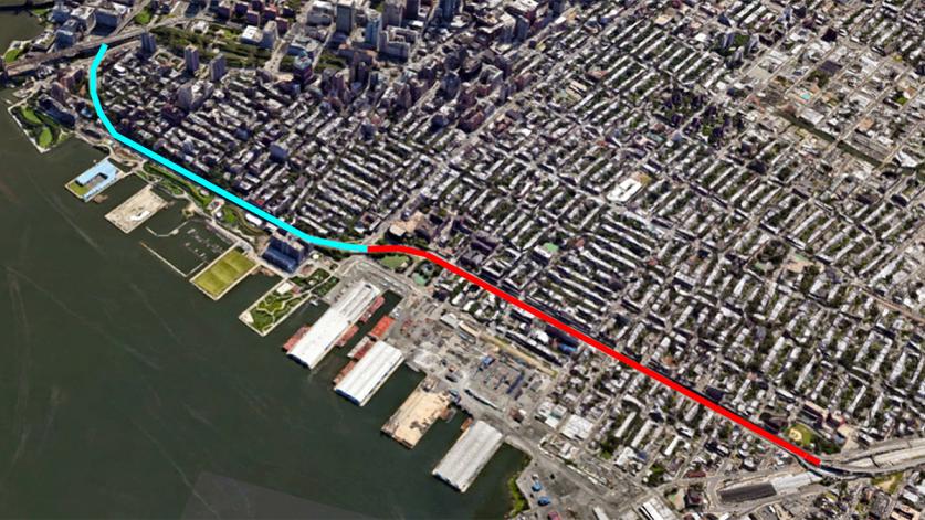 The proposed parkland under Brooklyn Heights Promenade (blue) and decking over the Cobble Hill trench (red)