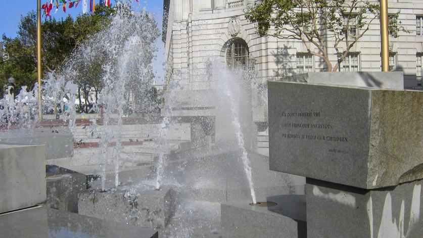 Halprin's fountain animated by water jets at United Nations Plaza, San Francisco, CA