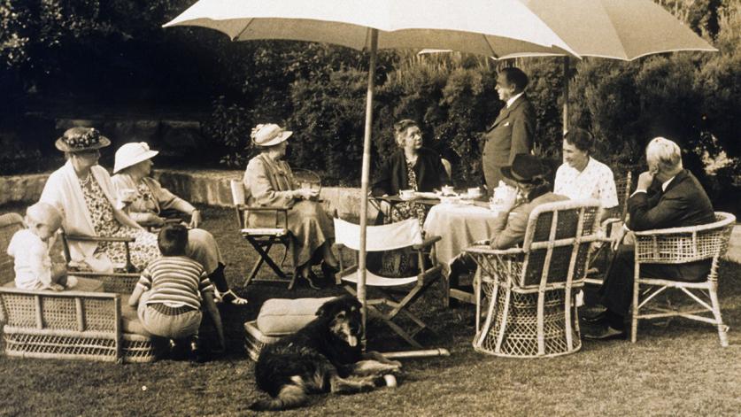 Lawn party with the de Forest family, circa1938. From the Kellam de Forest collection on deposit at the Architecture and Design Collection, Art Design & Architecture Museum, UC Santa Barbara
